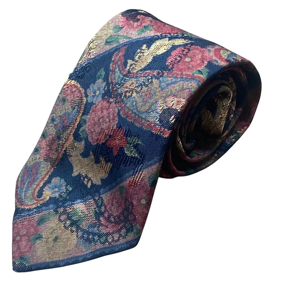 Vintage Beans McGee Tie Floral Paisley Mens Navy USA Dark Academia